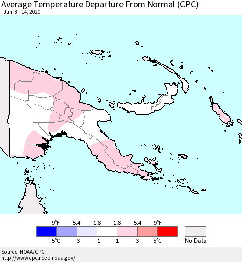 Papua New Guinea Average Temperature Departure from Normal (CPC) Thematic Map For 6/8/2020 - 6/14/2020