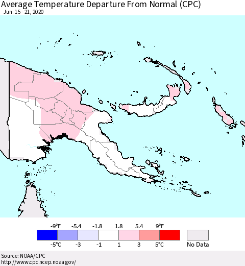 Papua New Guinea Average Temperature Departure from Normal (CPC) Thematic Map For 6/15/2020 - 6/21/2020