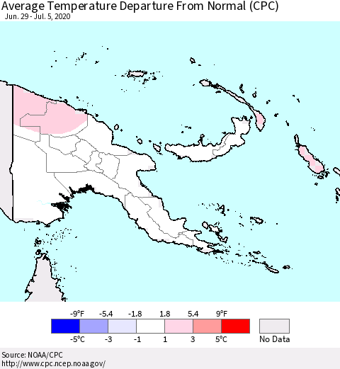 Papua New Guinea Average Temperature Departure from Normal (CPC) Thematic Map For 6/29/2020 - 7/5/2020