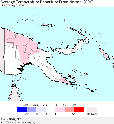 Papua New Guinea Average Temperature Departure from Normal (CPC) Thematic Map For 7/27/2020 - 8/2/2020