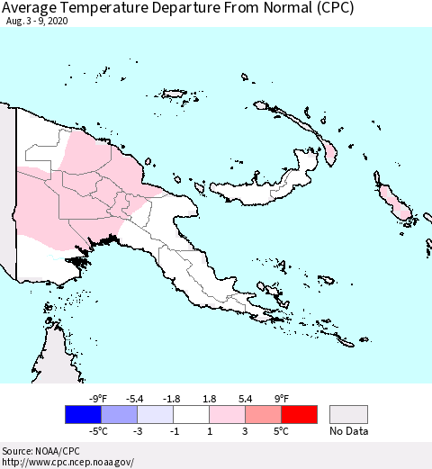 Papua New Guinea Average Temperature Departure from Normal (CPC) Thematic Map For 8/3/2020 - 8/9/2020