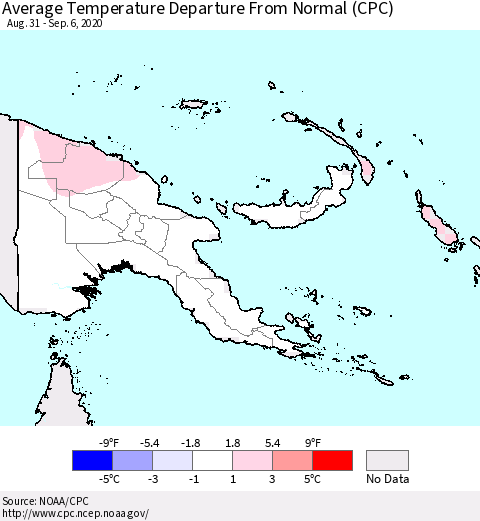 Papua New Guinea Average Temperature Departure from Normal (CPC) Thematic Map For 8/31/2020 - 9/6/2020