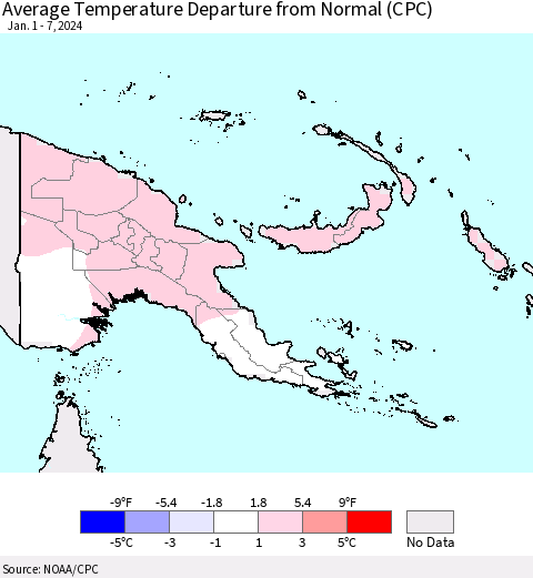 Papua New Guinea Average Temperature Departure from Normal (CPC) Thematic Map For 1/1/2024 - 1/7/2024