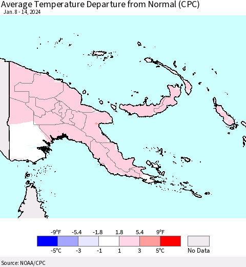 Papua New Guinea Average Temperature Departure from Normal (CPC) Thematic Map For 1/8/2024 - 1/14/2024