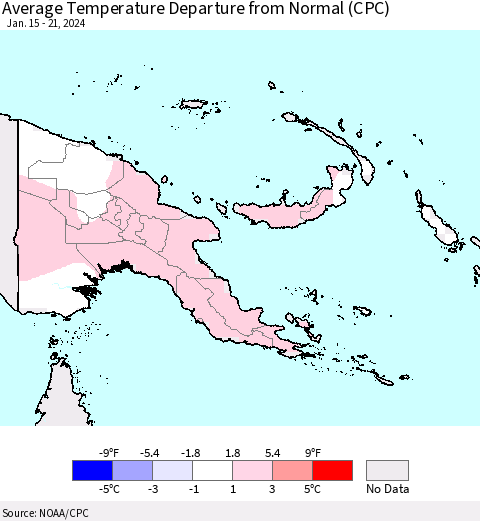 Papua New Guinea Average Temperature Departure from Normal (CPC) Thematic Map For 1/15/2024 - 1/21/2024