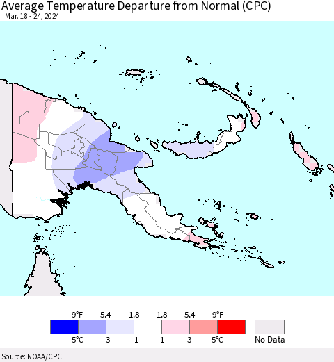 Papua New Guinea Average Temperature Departure from Normal (CPC) Thematic Map For 3/18/2024 - 3/24/2024