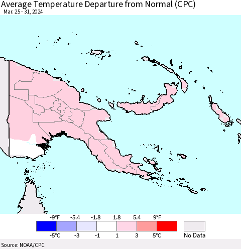 Papua New Guinea Average Temperature Departure from Normal (CPC) Thematic Map For 3/25/2024 - 3/31/2024