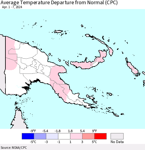 Papua New Guinea Average Temperature Departure from Normal (CPC) Thematic Map For 4/1/2024 - 4/7/2024
