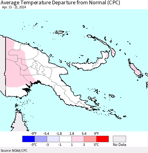 Papua New Guinea Average Temperature Departure from Normal (CPC) Thematic Map For 4/15/2024 - 4/21/2024