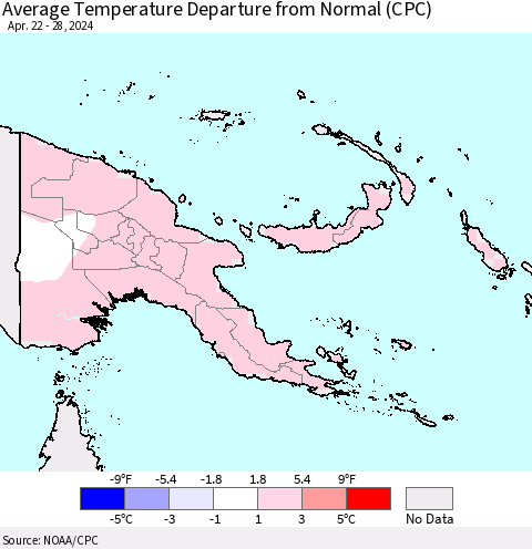 Papua New Guinea Average Temperature Departure from Normal (CPC) Thematic Map For 4/22/2024 - 4/28/2024