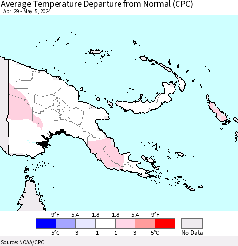 Papua New Guinea Average Temperature Departure from Normal (CPC) Thematic Map For 4/29/2024 - 5/5/2024