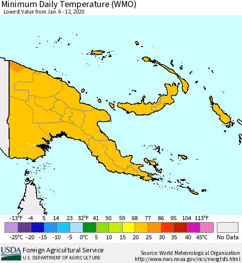 Papua New Guinea Minimum Daily Temperature (WMO) Thematic Map For 1/6/2020 - 1/12/2020