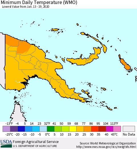 Papua New Guinea Minimum Daily Temperature (WMO) Thematic Map For 1/13/2020 - 1/19/2020