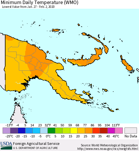 Papua New Guinea Minimum Daily Temperature (WMO) Thematic Map For 1/27/2020 - 2/2/2020
