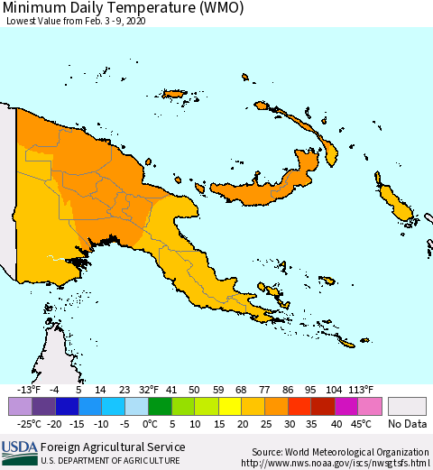 Papua New Guinea Minimum Daily Temperature (WMO) Thematic Map For 2/3/2020 - 2/9/2020