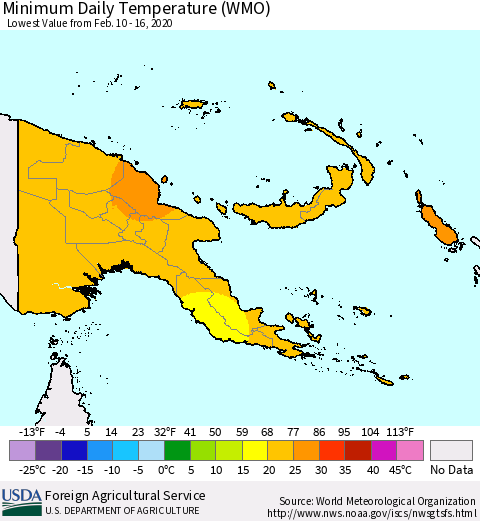 Papua New Guinea Minimum Daily Temperature (WMO) Thematic Map For 2/10/2020 - 2/16/2020