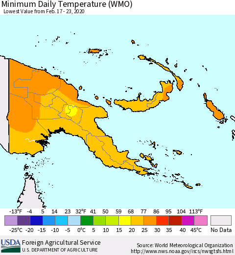 Papua New Guinea Minimum Daily Temperature (WMO) Thematic Map For 2/17/2020 - 2/23/2020
