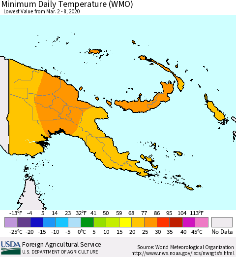 Papua New Guinea Minimum Daily Temperature (WMO) Thematic Map For 3/2/2020 - 3/8/2020
