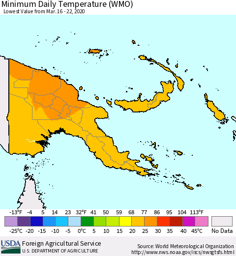Papua New Guinea Minimum Daily Temperature (WMO) Thematic Map For 3/16/2020 - 3/22/2020