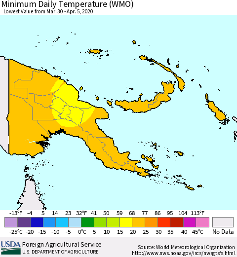 Papua New Guinea Minimum Daily Temperature (WMO) Thematic Map For 3/30/2020 - 4/5/2020