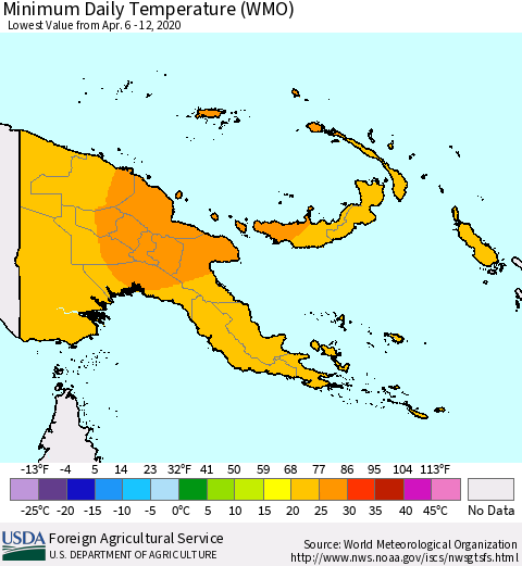 Papua New Guinea Minimum Daily Temperature (WMO) Thematic Map For 4/6/2020 - 4/12/2020