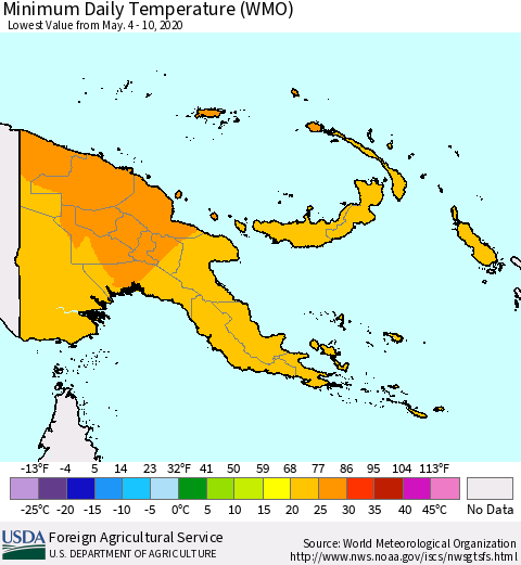 Papua New Guinea Minimum Daily Temperature (WMO) Thematic Map For 5/4/2020 - 5/10/2020