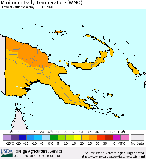 Papua New Guinea Minimum Daily Temperature (WMO) Thematic Map For 5/11/2020 - 5/17/2020