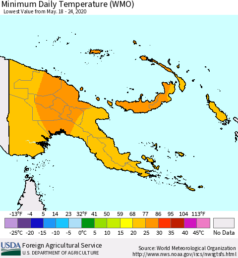 Papua New Guinea Minimum Daily Temperature (WMO) Thematic Map For 5/18/2020 - 5/24/2020