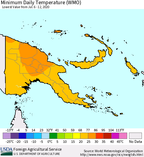 Papua New Guinea Minimum Daily Temperature (WMO) Thematic Map For 7/6/2020 - 7/12/2020