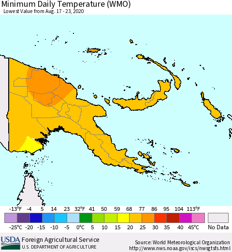 Papua New Guinea Minimum Daily Temperature (WMO) Thematic Map For 8/17/2020 - 8/23/2020