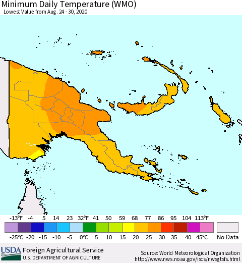 Papua New Guinea Minimum Daily Temperature (WMO) Thematic Map For 8/24/2020 - 8/30/2020