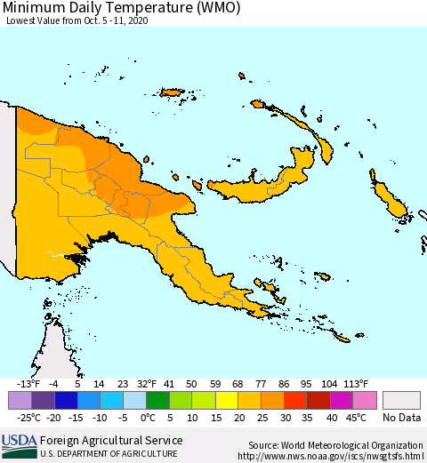 Papua New Guinea Minimum Daily Temperature (WMO) Thematic Map For 10/5/2020 - 10/11/2020