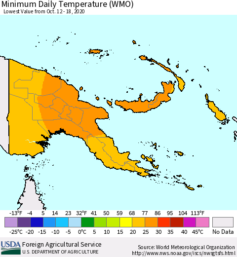Papua New Guinea Minimum Daily Temperature (WMO) Thematic Map For 10/12/2020 - 10/18/2020