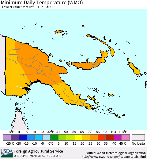 Papua New Guinea Minimum Daily Temperature (WMO) Thematic Map For 10/19/2020 - 10/25/2020