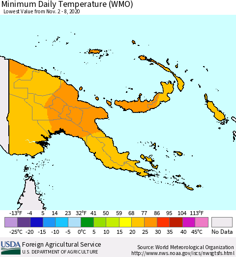 Papua New Guinea Minimum Daily Temperature (WMO) Thematic Map For 11/2/2020 - 11/8/2020