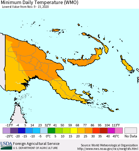 Papua New Guinea Minimum Daily Temperature (WMO) Thematic Map For 11/9/2020 - 11/15/2020