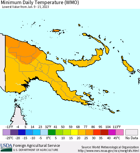 Papua New Guinea Minimum Daily Temperature (WMO) Thematic Map For 1/9/2023 - 1/15/2023