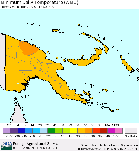 Papua New Guinea Minimum Daily Temperature (WMO) Thematic Map For 1/30/2023 - 2/5/2023