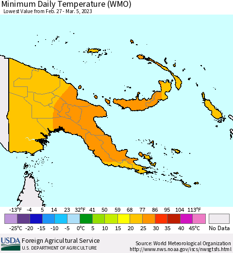 Papua New Guinea Minimum Daily Temperature (WMO) Thematic Map For 2/27/2023 - 3/5/2023