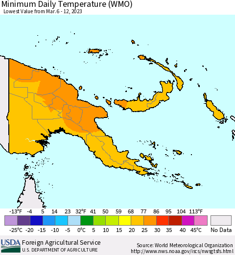 Papua New Guinea Minimum Daily Temperature (WMO) Thematic Map For 3/6/2023 - 3/12/2023
