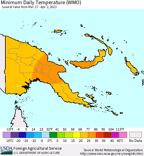 Papua New Guinea Minimum Daily Temperature (WMO) Thematic Map For 3/27/2023 - 4/2/2023