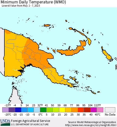Papua New Guinea Minimum Daily Temperature (WMO) Thematic Map For 5/1/2023 - 5/7/2023