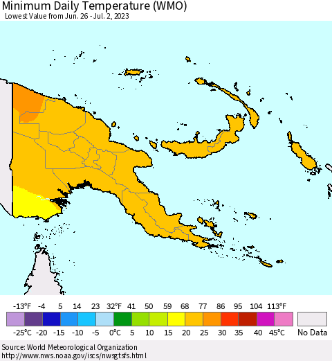Papua New Guinea Minimum Daily Temperature (WMO) Thematic Map For 6/26/2023 - 7/2/2023