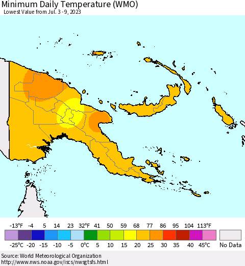 Papua New Guinea Minimum Daily Temperature (WMO) Thematic Map For 7/3/2023 - 7/9/2023