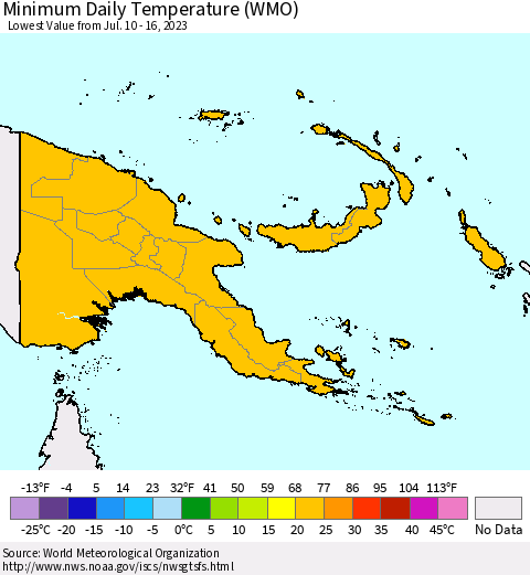 Papua New Guinea Minimum Daily Temperature (WMO) Thematic Map For 7/10/2023 - 7/16/2023