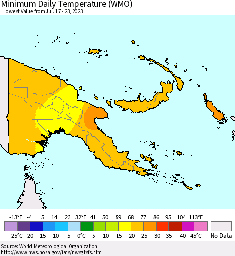 Papua New Guinea Minimum Daily Temperature (WMO) Thematic Map For 7/17/2023 - 7/23/2023