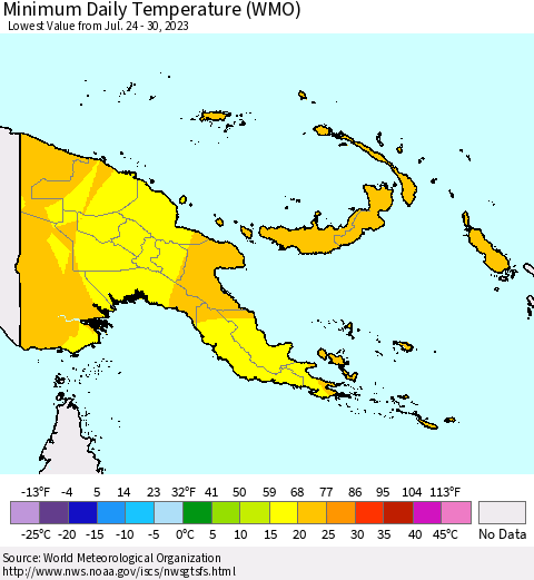 Papua New Guinea Minimum Daily Temperature (WMO) Thematic Map For 7/24/2023 - 7/30/2023