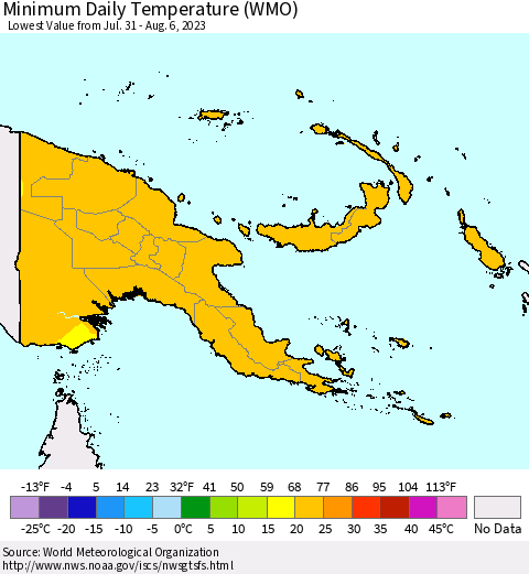 Papua New Guinea Minimum Daily Temperature (WMO) Thematic Map For 7/31/2023 - 8/6/2023
