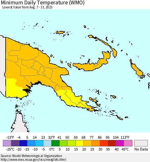Papua New Guinea Minimum Daily Temperature (WMO) Thematic Map For 8/7/2023 - 8/13/2023