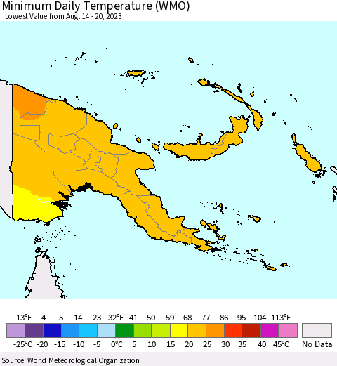 Papua New Guinea Minimum Daily Temperature (WMO) Thematic Map For 8/14/2023 - 8/20/2023